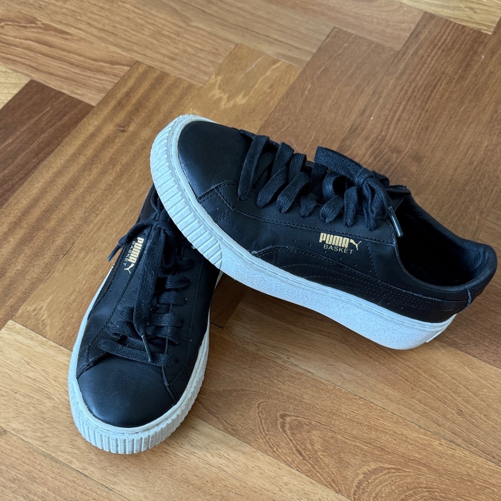 Puma Basket Platform Core Sneakers Black with Gold Logo and White Soles